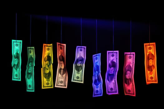 dollar bills falling with Neon colorful background.