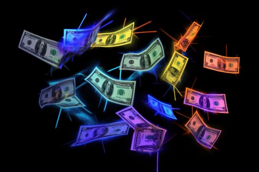 dollar bills falling with Neon colorful background.