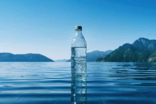 Water bottle aesthetic scenery blue background ultra realistic.