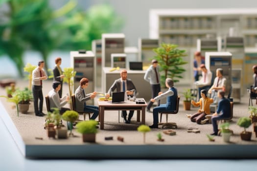 Miniature model a europe group of employees are sitting in a meeting.