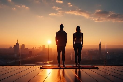 Silhouettes of a man and woman standing on the roof of a building at sunset. Couples yoga class.
