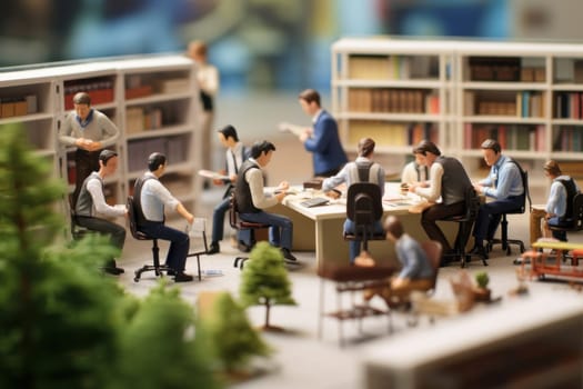 Miniature model a europe group of employees are sitting in a meeting.
