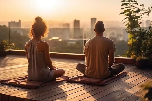 A man and a woman do yoga on the roof of a building at sunset, dawn.