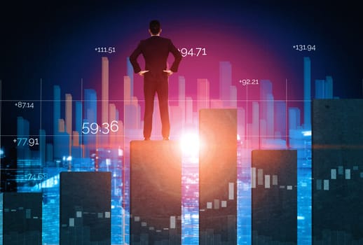 Double Exposure Image of Business and Finance - Businessman with report chart up forward to financial profit growth of stock market investment. uds