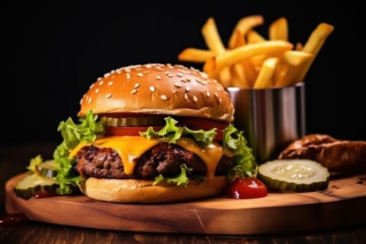 Delicious burger with fries combo.