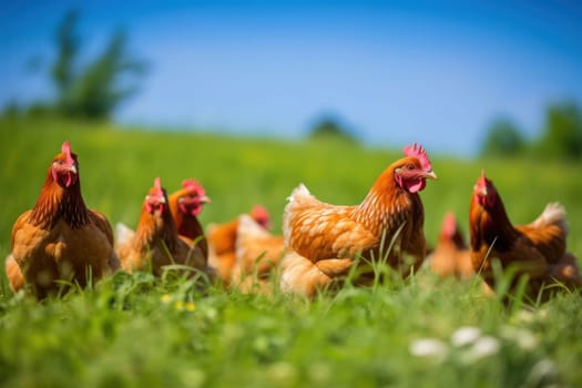 Enjoyable photo of free range chickens in the pasture.