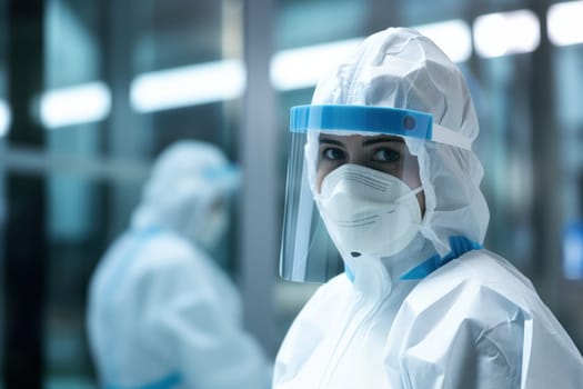 A medical worker in full personal protective gear, PPE suit.