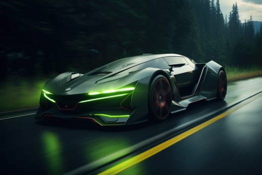 Showcase the futuristic power of a light green and black electric car speeding down a sleek highway.