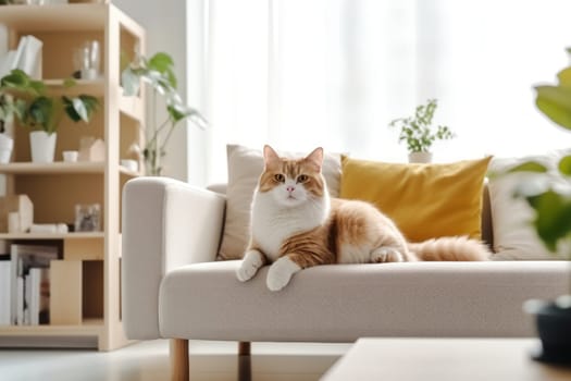 Modern living room interior Cute cat near couch Generative AI.
