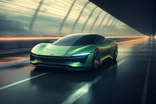 Showcase the futuristic power of a light green and black electric car speeding down a sleek highway.