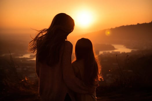 Silhouette of mother and daughter hugging each other in the sunset light.