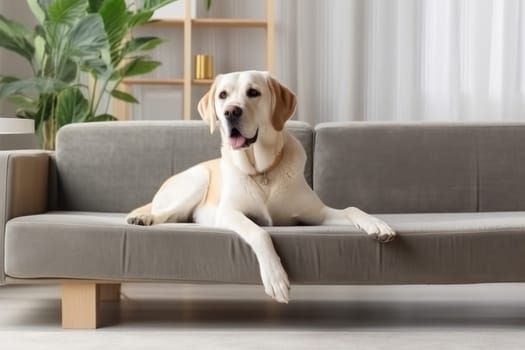 Modern living room interior Cute Golden Labrador Retriever near couch Generative AI.