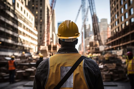 A dark-skinned construction worker in overalls looks at the construction site. Rear view.