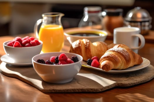 Close up photo of Coffee breakfast with pastries croissants Generative AI.