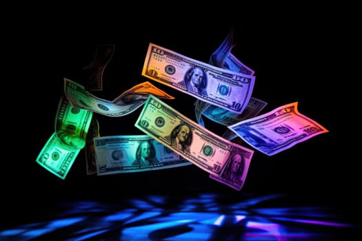 dollar bills falling with Neon colorful background.