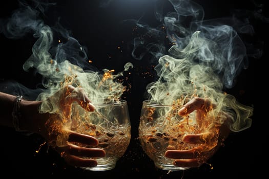 Hands hold glass glasses with flame. Alcohol addiction concept.