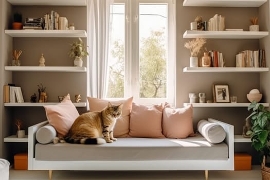 Modern living room interior Cute cat near couch Generative AI.