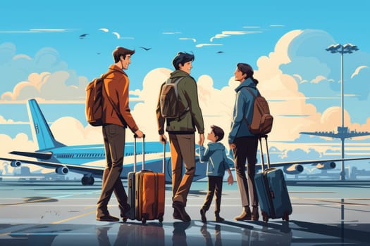 Family Trip Concept, family travel at airport,Time for family vacation, family travel at airport 2d, Generative AI.