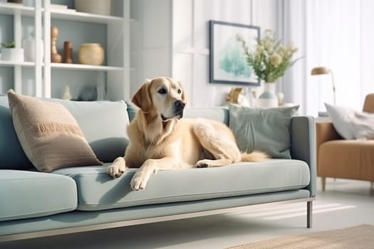 Modern living room interior Cute Golden Labrador Retriever near couch Generative AI.