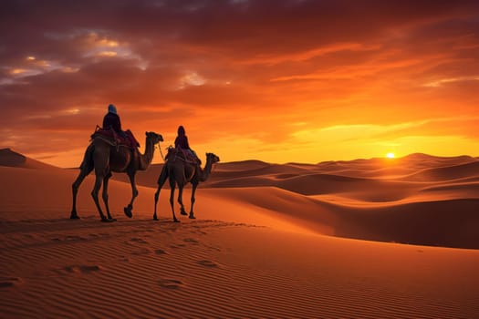 Herd of camel riders crossing the great desert.