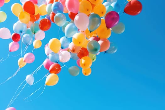 Colorful balloons floating against a clear blue sky, Generative AI.