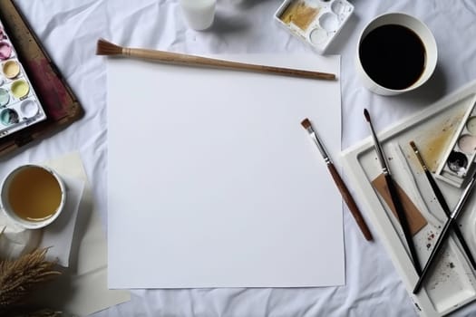 A white sheet of paper on a table with art supplies, top view, Generative AI.