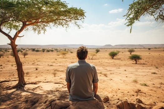 A man looks into the distance at a desert.
