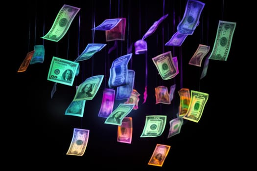 dollar bills falling with Neon colorful background.
