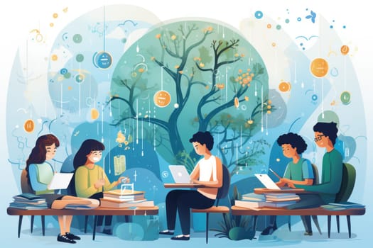 group student in class room, students in a library, Round table discussion, illustrator, Generative AI.