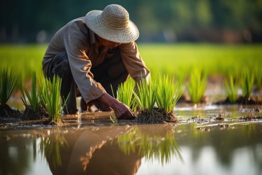 Agriculture of Asia Local Thai farmers are planting rice fields.