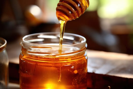 Honey, Close up product of honey and bee.