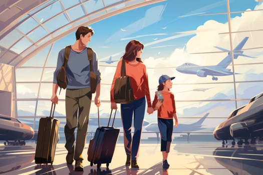 Family Trip Concept, family travel at airport,Time for family vacation, family travel at airport 2d, Generative AI.