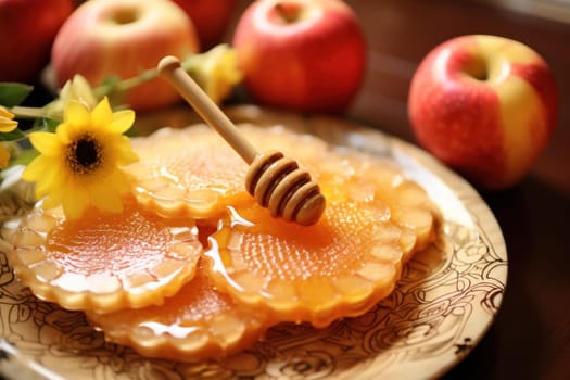 Honey, Close up product of honey and bee.