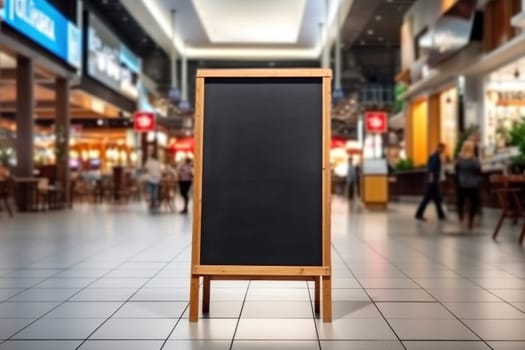 Advertising blank Blackboard, Blank restaurant shop sign or menu boards in shopping mall center, Blackboard sign mockup in front of a restaurant Signboard, Generative AI.