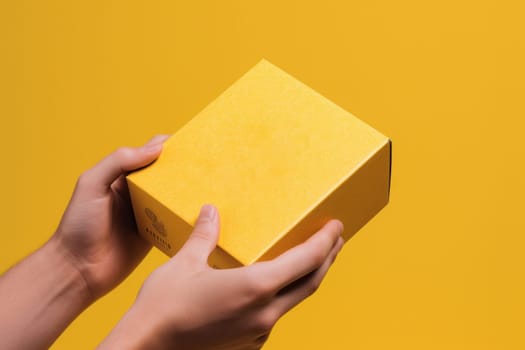 a hand holding a mailing box mockup delivery service concept photo.