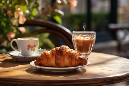 Close up photo of Coffee breakfast with pastries croissants Generative AI.