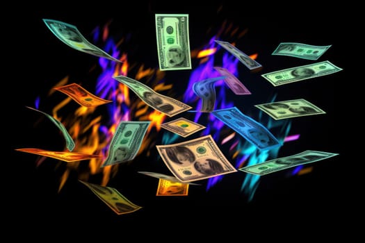 dollar bills falling with Neon colorful background.