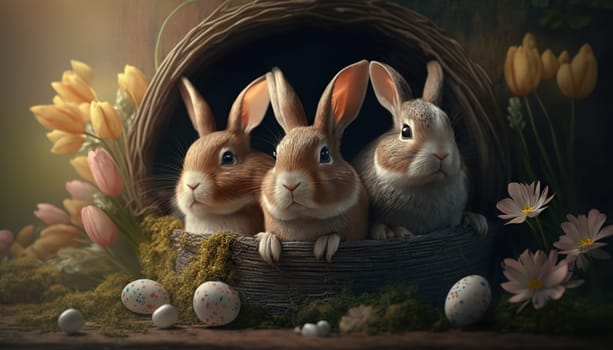 Three adorable bunnies nestled among Easter eggs and spring flowers