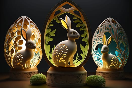Artistic carved Easter eggs with silhouettes of bunnies illuminated from within