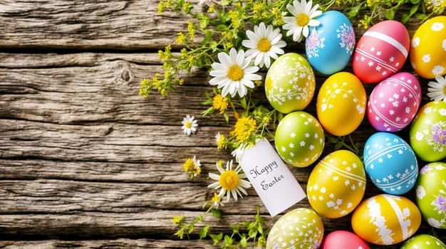 Colorfully painted Easter eggs nestled among fresh spring flowers with a 'Happy Easter' greeting on rustic wood - generative AI