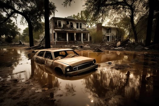 Submerged vehicles in floodwaters with damaged surroundings - Generative AI