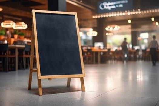 Advertising blank Blackboard, Blank restaurant shop sign or menu boards in shopping mall center, Blackboard sign mockup in front of a restaurant Signboard, Generative AI.