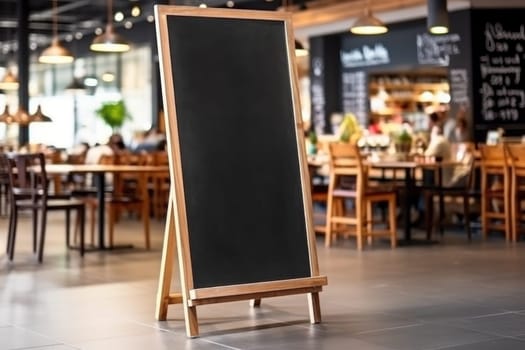 Advertising blank Blackboard, Blank restaurant shop sign or menu boards in shopping mall center, Blackboard sign mockup in front of a restaurant Signboard, Generative AI.