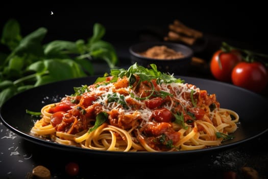 Delicious spaghetti served on a black plat.
