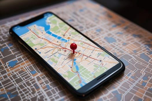 Online map navigator application on smartphone interface.