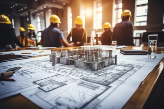 House models sit on top of several different architects drawings and floor plan.