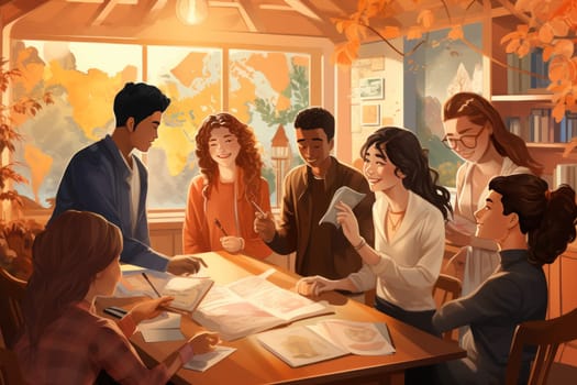 group student in class room, students in a library, Round table discussion, illustrator, Generative AI.