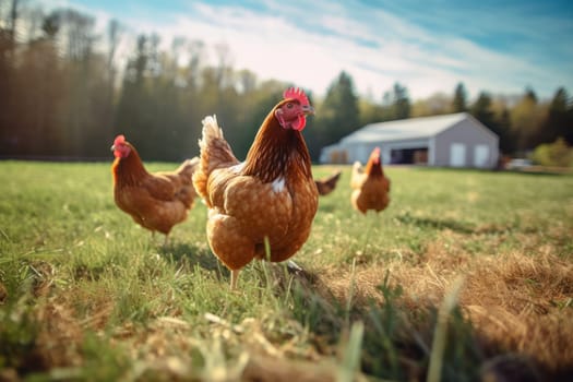 Enjoyable photo of free range chickens in the pasture.