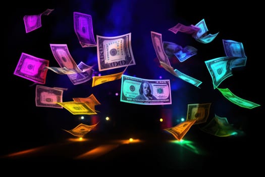 dollar bills falling with Neon colorful background.