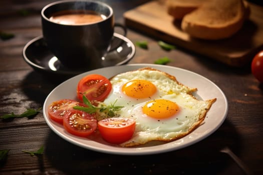 Breakfast with delicious fried eggs garnished with sliced tomato Generative AI.